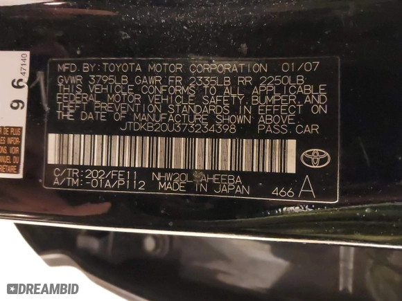 2007 Toyota Prius with VIN JTDKB20U373234398, listed as a IAAI auction lot 41986987 with 236,989 mi miles. Bid and sale history available at carsss.com. Image 9.