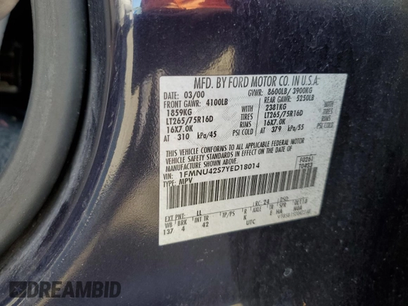 2000 Ford Excursion Limited с VIN 1FMNU42S7YED18014, выставлен на аукционе Copart как лот 52730495 с пробегом 153 596 миль миль и Списание • Salvage title. История ставок и продаж доступна на DreamBid. Изображение 13.