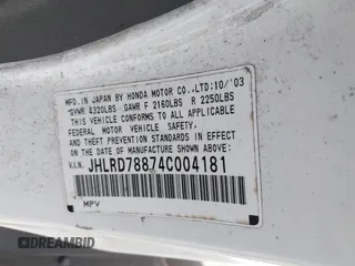 2004 Honda CR-V EX with VIN JHLRD78874C004181, listed as a IAAI auction lot 41805753 with 183,365 mi miles and . Bid and sale history available at carsss.com. Image 9.