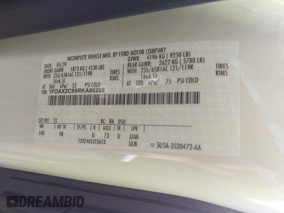 2024 Ford Transit Passenger XL z VIN 1FDAX2C89RKA86208, wystawiony jako IAAI lot #42260251 z przebiegiem 2 635 mil mil oraz . Historia ofert i sprzedaży dostępna na DreamBid. Obrazek 9.