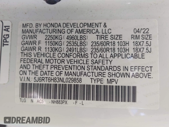 2022 Honda CR-V EX-L with VIN 5J6RT6H83NL029858, listed as a IAAI auction lot 41804839 with 44,764 mi miles and . Bid and sale history available at DreamBid. Image 9.