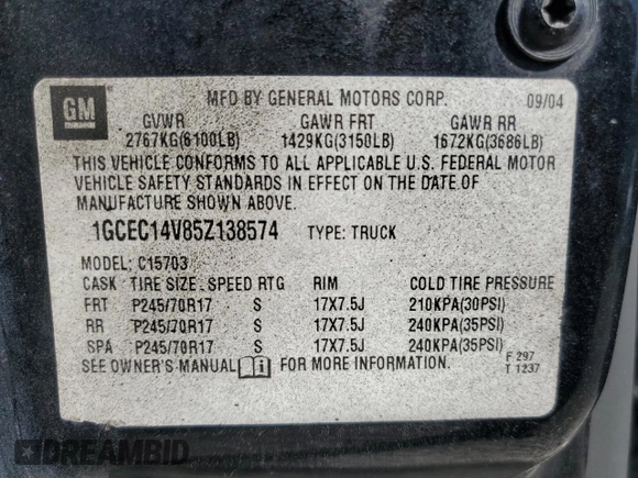 2005 Chevrolet Silverado 1500 Work Truck with VIN 1GCEC14V85Z138574, listed as a Copart auction lot 59413614 with Not provided miles and Salvage title. Bid and sale history available at DreamBid. Image 12.