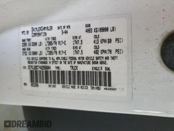 2004 Dodge 2500 SLT with VIN 3D7KU28C74G256604, listed as a Copart auction lot 68706154 with 334,265 mi miles and Clean Title. Bid and sale history available at DreamBid. Image 13.