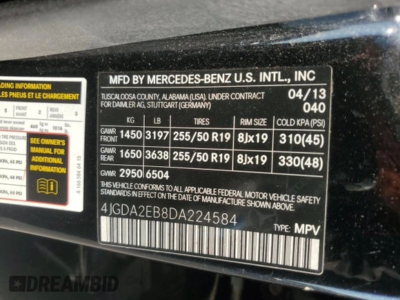 2013 Mercedes-Benz M 350 with VIN 4JGDA2EB8DA224584, listed as a Copart auction lot 46941295 with 112,648 mi miles and Clean Title. Bid and sale history available at DreamBid. Image 13.
