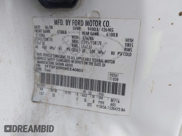 2008 Ford F-250 with VIN 1FTSF20R08EE40803, listed as a IAAI auction lot 41306261 with 215,526 mi miles and . Bid and sale history available at DreamBid. Image 9.
