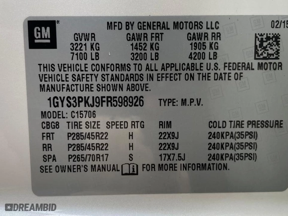 2015 Cadillac Escalade Platinum with VIN 1GYS3PKJ9FR598926, listed as a Copart auction lot 71994334 with 119,715 mi miles and Salvage Title. Bid and sale history available at carsss.com. Image 10.
