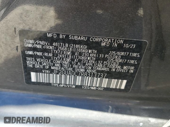 2024 Subaru Crosstrek Premium with VIN JF2GUADC7R8313737, listed as a Copart auction lot 58200215 with 24,437 mi miles and Salvage title. Bid and sale history available at DreamBid. Image 12.