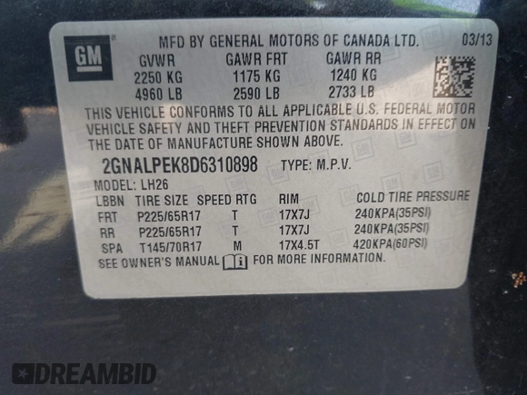 2013 Chevrolet Equinox LT with VIN 2GNALPEK8D6310898, listed as a IAAI auction lot 42141560 with 192,293 mi miles and . Bid and sale history available at DreamBid. Image 9.
