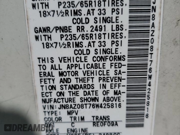 2006 Nissan Murano SL with VIN JN8AZ08T76W425816, listed as a Copart auction lot 47011795 with 254,473 mi miles and Salvage Title. Bid and sale history available at DreamBid. Image 13.