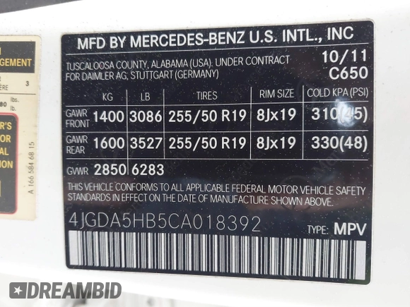 2012 Mercedes-Benz M 350 with VIN 4JGDA5HB5CA018392, listed as a IAAI auction lot 41842717 with 152,083 mi miles and . Bid and sale history available at DreamBid. Image 9.