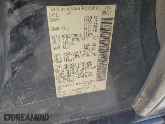2015 Nissan Xterra S with VIN 5N1AN0NU0FN652934, listed as a Copart auction lot 87736985 with 277,358 mi miles and Clean Title. Bid and sale history available at DreamBid. Image 13.