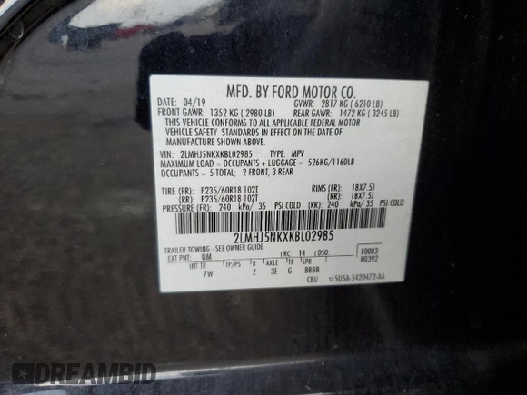 2019 Lincoln MKT with VIN 2LMHJ5NKXKBL02985, listed as a Copart auction lot 80615654 with 112,112 mi miles and Salvage Title. Bid and sale history available at DreamBid. Image 15.