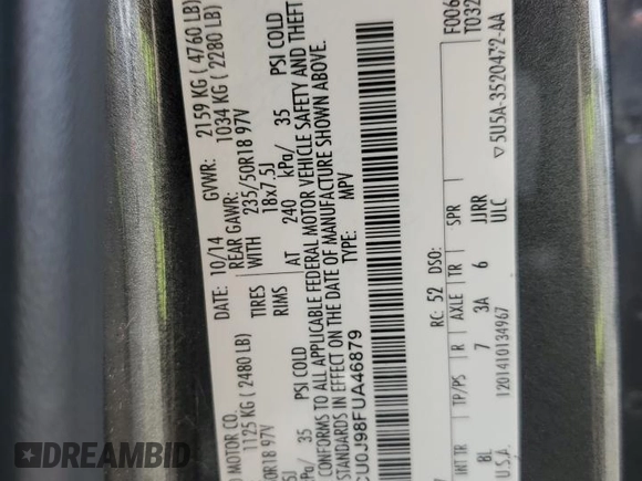2015 Ford Escape Titanium with VIN 1FMCU0J98FUA46879, listed as a Copart auction lot 51173555 with 72,093 mi miles and Salvage Title. Bid and sale history available at DreamBid. Image 13.