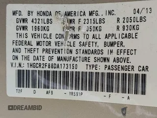 2013 Honda Accord Sdn EX-L with VIN 1HGCR2F88DA173150, listed as a IAAI auction lot 41998370 with 98,512 mi miles. Bid and sale history available at carsss.com. Image 9.