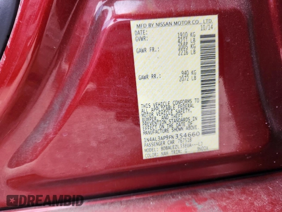2015 Nissan Altima 2.5 with VIN 1N4AL3AP9FN354660, listed as a Copart auction lot 63059415 with 175,595 mi miles and Salvage title. Bid and sale history available at DreamBid. Image 13.