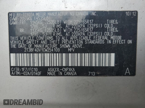 2012 Toyota RAV4 with VIN 2T3BF4DV1CW254109, listed as a Copart auction lot 61605515 with Not provided miles and Clean title. Bid and sale history available at DreamBid. Image 13.