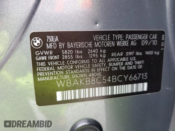 2011 BMW 7 Series 750Li with VIN WBAKB8C54BCY66713, listed as a Copart auction lot 85658064 with 122,271 mi miles and Non repairable. Bid and sale history available at DreamBid. Image 12.