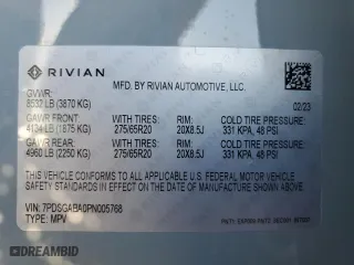 2023 Rivian R1S Adventure with VIN 7PDSGABA0PN005768, listed as a Copart auction lot 73223724 with 212 mi miles and Salvage Title. Bid and sale history available at carsss.com. Image 13.