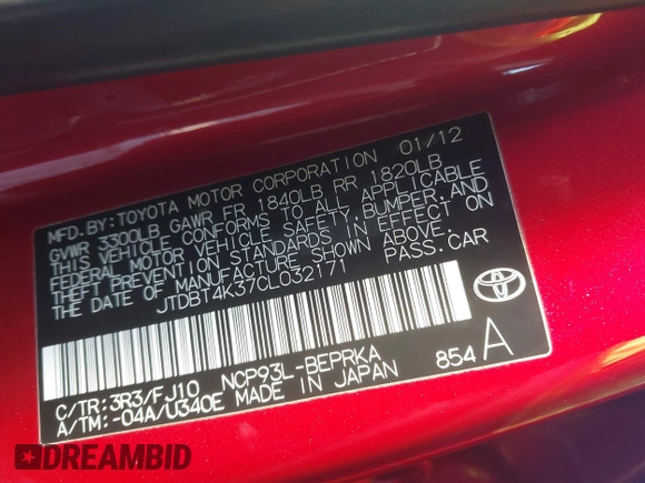 2012 Toyota Yaris with VIN JTDBT4K37CL032171, listed as a IAAI auction lot 41817611 with 196,574 mi miles and . Bid and sale history available at DreamBid. Image 9.