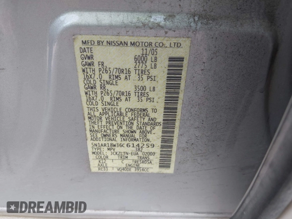 2006 Nissan Pathfinder SE with VIN 5N1AR18W36C614259, listed as a IAAI auction lot 42640344 with 127,300 mi miles and . Bid and sale history available at DreamBid. Image 9.