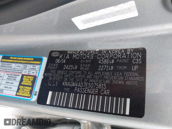 2014 Kia Optima LX with VIN KNAGM4AD7E5075815, listed as a IAAI auction lot 42669294 with 95,036 mi miles and . Bid and sale history available at DreamBid. Image 9.