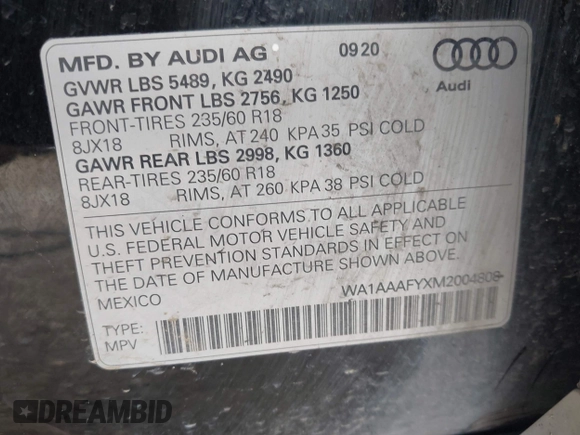 2021 Audi Q5 Premium z VIN WA1AAAFYXM2004808, wystawiony jako IAAI lot #42451719 z przebiegiem 123 537 mil mil oraz . Historia ofert i sprzedaży dostępna na DreamBid. Obrazek 9.