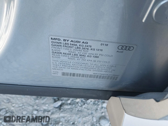 2018 Audi Q5 Prestige with VIN WA1CNAFYXJ2126447, listed as a IAAI auction lot 41033654 with 54,204 mi miles. Bid and sale history available at carsss.com. Image 9.