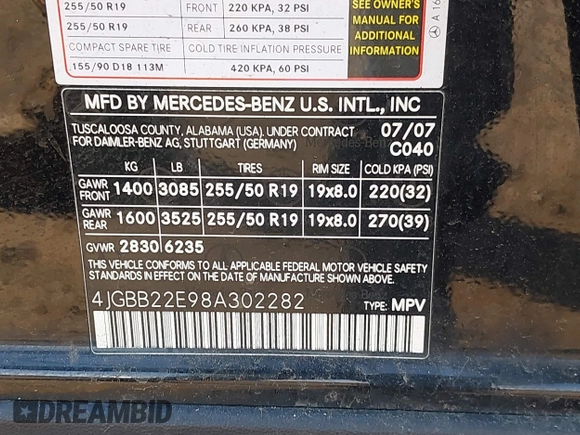 2008 Mercedes-Benz M 320 CDI with VIN 4JGBB22E98A302282, listed as a IAAI auction lot 42048733 with 273,265 mi miles and . Bid and sale history available at DreamBid. Image 9.