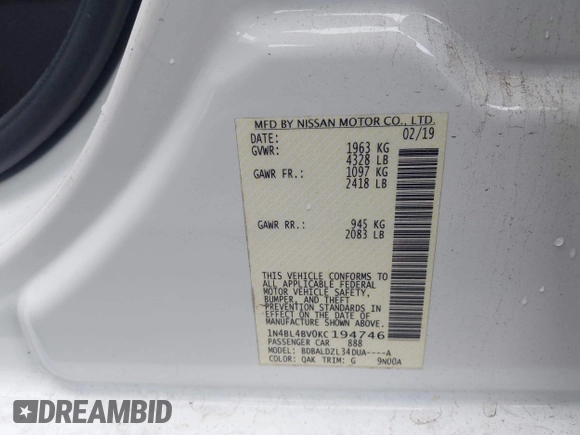 2019 Nissan Altima S z VIN 1N4BL4BV0KC194746, wystawiony jako IAAI lot #42023705 z przebiegiem 154 814 mil mil oraz . Historia ofert i sprzedaży dostępna na DreamBid. Obrazek 9.