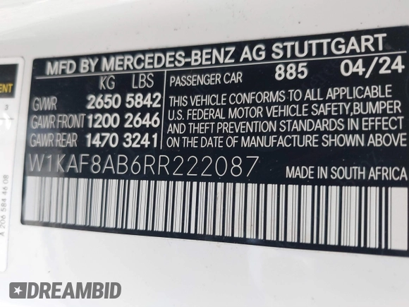 2024 Mercedes-Benz C 63 S AMG E Performance with VIN W1KAF8AB6RR222087, listed as a IAAI auction lot 41844101 with 5,500 mi miles and . Bid and sale history available at DreamBid. Image 9.