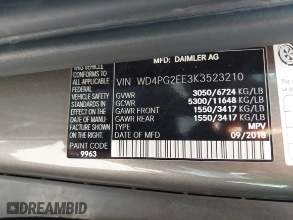2019 Mercedes-Benz Metris Passenger with VIN WD4PG2EE3K3523210, listed as a IAAI auction lot 41690328 with 57,748 mi miles and . Bid and sale history available at DreamBid. Image 9.