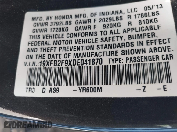 2013 Honda Civic EX-L with VIN 19XFB2F9XDE041870, listed as a IAAI auction lot 41872764 with 144,008 mi miles and . Bid and sale history available at DreamBid. Image 9.