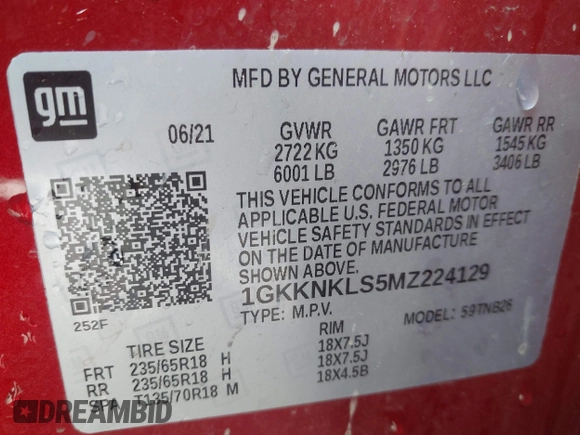 2021 GMC Acadia SLE with VIN 1GKKNKLS5MZ224129, listed as a IAAI auction lot 41894440 with 99,606 mi miles and . Bid and sale history available at DreamBid. Image 9.