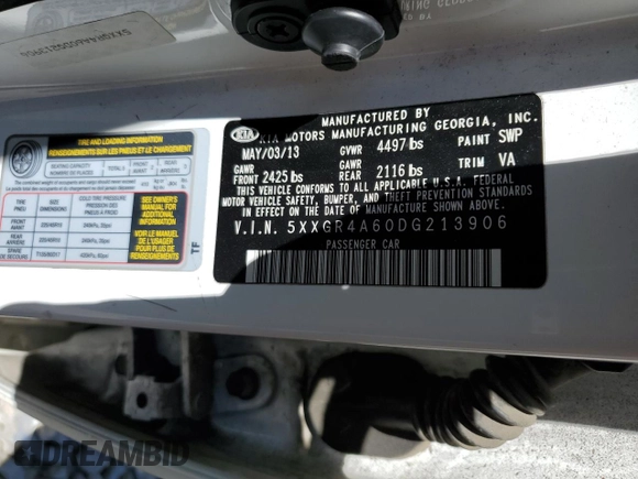 2013 Kia Optima SX with VIN 5XXGR4A60DG213906, listed as a Copart auction lot 60121165 with 121,559 mi miles and Salvage title. Bid and sale history available at DreamBid. Image 12.