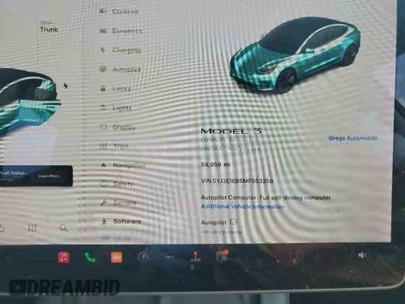 2021 Tesla Model 3 Long Range z VIN 5YJ3E1EB5MF853256, wystawiony jako Copart lot #60751685 z przebiegiem 58 959 mil mil oraz Szkoda całkowita • Salvage title. Historia ofert i sprzedaży dostępna na DreamBid. Obrazek 9.