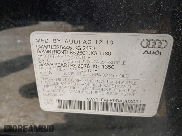 2011 Audi Q5 Premium Plus with VIN WA1LFAFP9BA063031, listed as a IAAI auction lot 42594161 with 155,086 mi miles and . Bid and sale history available at DreamBid. Image 9.