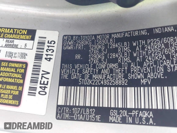 2009 Toyota Sienna XLE with VIN 5TDZK22C49S258892, listed as a IAAI auction lot 42453604 with 288,183 mi miles and . Bid and sale history available at DreamBid. Image 9.