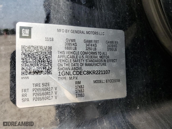 2019 Chevrolet Tahoe Commercial with VIN 1GNLCDEC8KR221107, listed as a Copart auction lot 51175175 with 120,330 mi miles and Salvage Title. Bid and sale history available at carsss.com. Image 14.