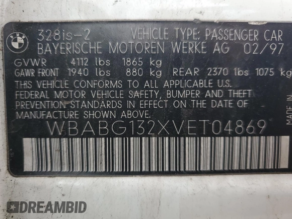 1997 BMW 3 Series 328is with VIN WBABG132XVET04869, listed as a Copart auction lot 45774015 with 123,280 mi miles and Salvage Title. Bid and sale history available at carsss.com. Image 12.