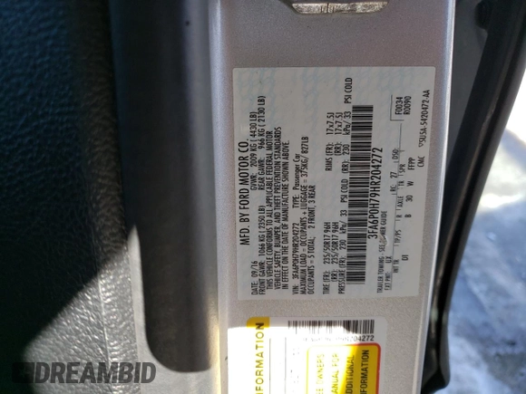 2017 Ford Fusion SE with VIN 3FA6P0H79HR204272, listed as a Copart auction lot 45643905 with 117,947 mi miles and Salvage Title. Bid and sale history available at DreamBid. Image 13.