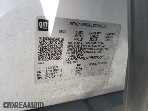2023 Chevrolet Tahoe LS with VIN 1GNSCMKD7PR407530, listed as a Copart auction lot 73616884 with 11,871 mi miles and Salvage title. Bid and sale history available at DreamBid. Image 15.