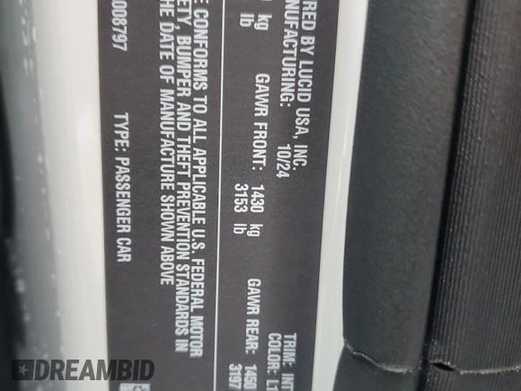 2025 Lucid Air Touring z VIN 50EA1TEA1SA008797, wystawiony jako Copart lot #42288775 z przebiegiem 954 mil mil oraz Szkoda całkowita • Salvage title. Historia ofert i sprzedaży dostępna na DreamBid. Obrazek 12.