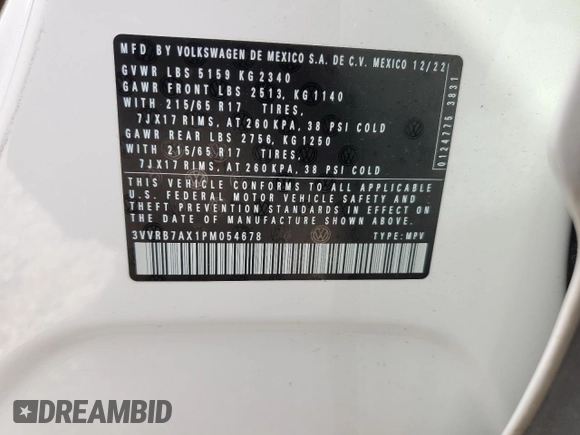 2023 Volkswagen Tiguan S with VIN 3VVRB7AX1PM054678, listed as a Copart auction lot 42378655 with 23,694 mi miles and Salvage title. Bid and sale history available at DreamBid. Image 15.