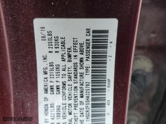 2017 Honda Accord Sedan Sport with VIN 1HGCR2F55HA025792, listed as a Copart auction lot 46429765 with 253,963 mi miles and Salvage Title. Bid and sale history available at carsss.com. Image 13.