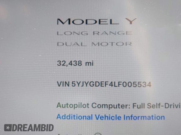 2020 Tesla Model Y Long Range with VIN 5YJYGDEF4LF005534, listed as a IAAI auction lot 41830910 with 32,438 mi miles and . Bid and sale history available at DreamBid. Image 14.