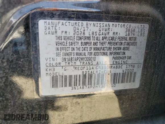 2017 Nissan Sentra S with VIN 3N1AB7AP2HY309010, listed as a Copart auction lot 53195915 with 90,595 mi miles and Salvage Title. Bid and sale history available at DreamBid. Image 12.