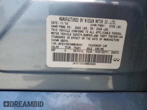 2017 Infiniti Q50 Premium with VIN JN1EV7AR3HM836681, listed as a Copart auction lot 61333735 with 49,857 mi miles and Salvage title. Bid and sale history available at DreamBid. Image 12.