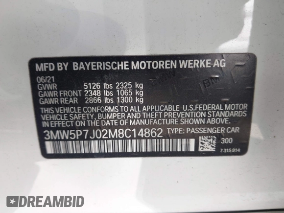 2021 BMW 3 Series 330e with VIN 3MW5P7J02M8C14862, listed as a IAAI auction lot 41154164 with 1 mi miles. Bid and sale history available at carsss.com. Image 9.