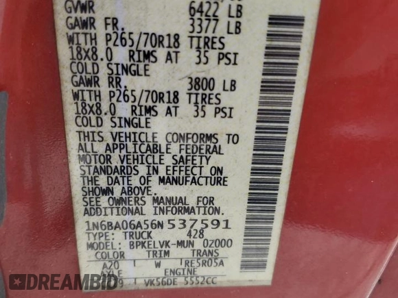 2006 Nissan Titan SE with VIN 1N6BA06A56N537591, listed as a Copart auction lot 42936655 with 135,907 mi miles and Salvage Title. Bid and sale history available at DreamBid. Image 12.