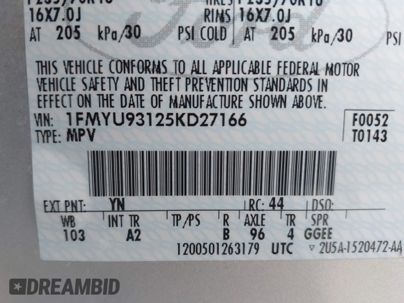 2005 Ford Escape XLT с VIN 1FMYU93125KD27166, выставлен на аукционе IAAI как лот 41892715 с пробегом 59 067 миль миль и . История ставок и продаж доступна на DreamBid. Изображение 9.
